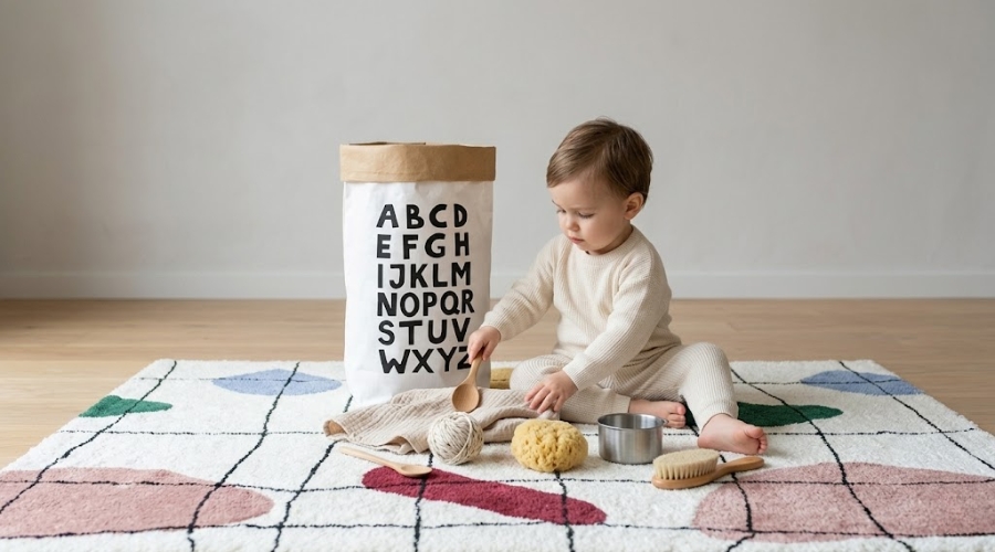 Cesto de tesouros montessoriano com objetos variados
