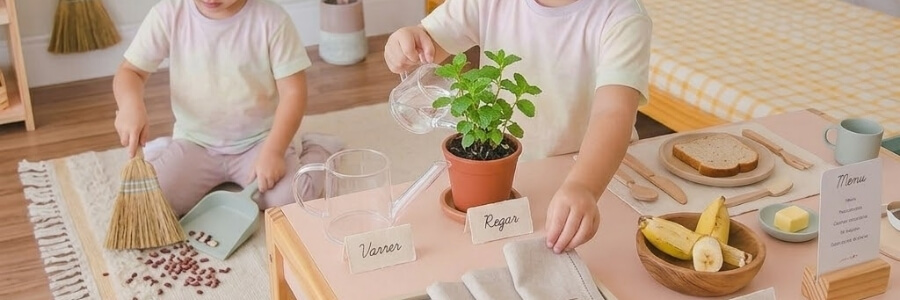 Criança ajudando a colocar a mesa ou regar plantas