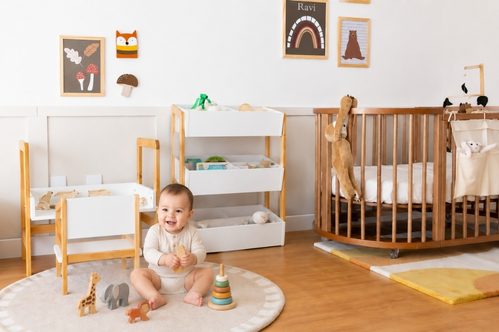 Bebê de 6 meses explorando tapete de atividades no chão