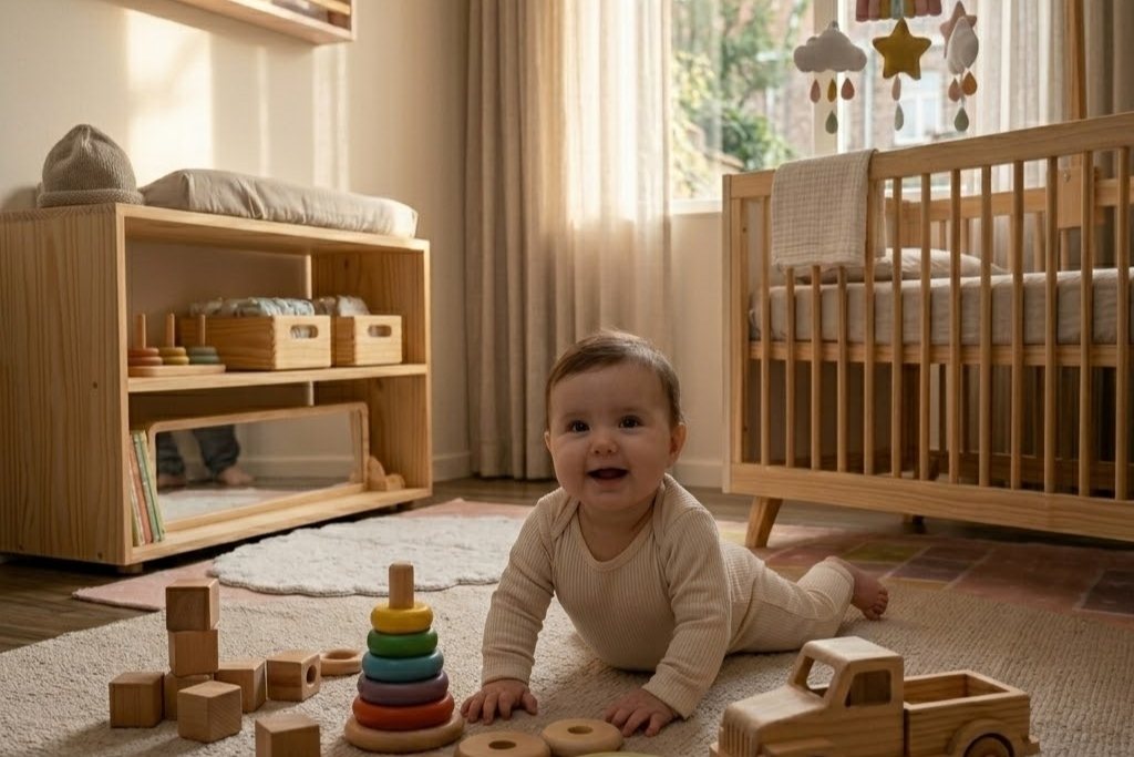 Bebê de 2 a 4 meses deitado no tapete fazendo tummy time