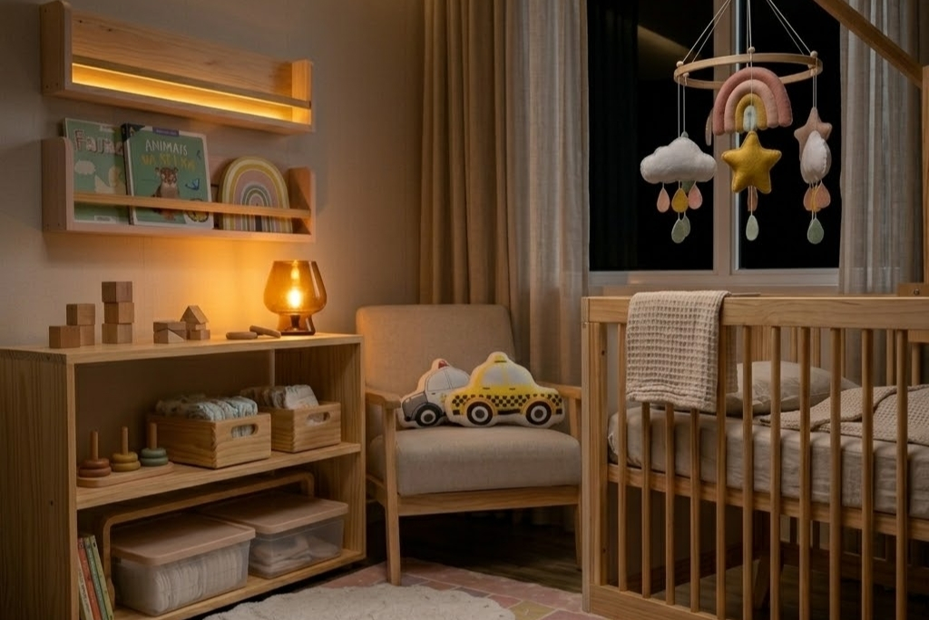 Detalhe de quarto de bebê com iluminação suave e berço
