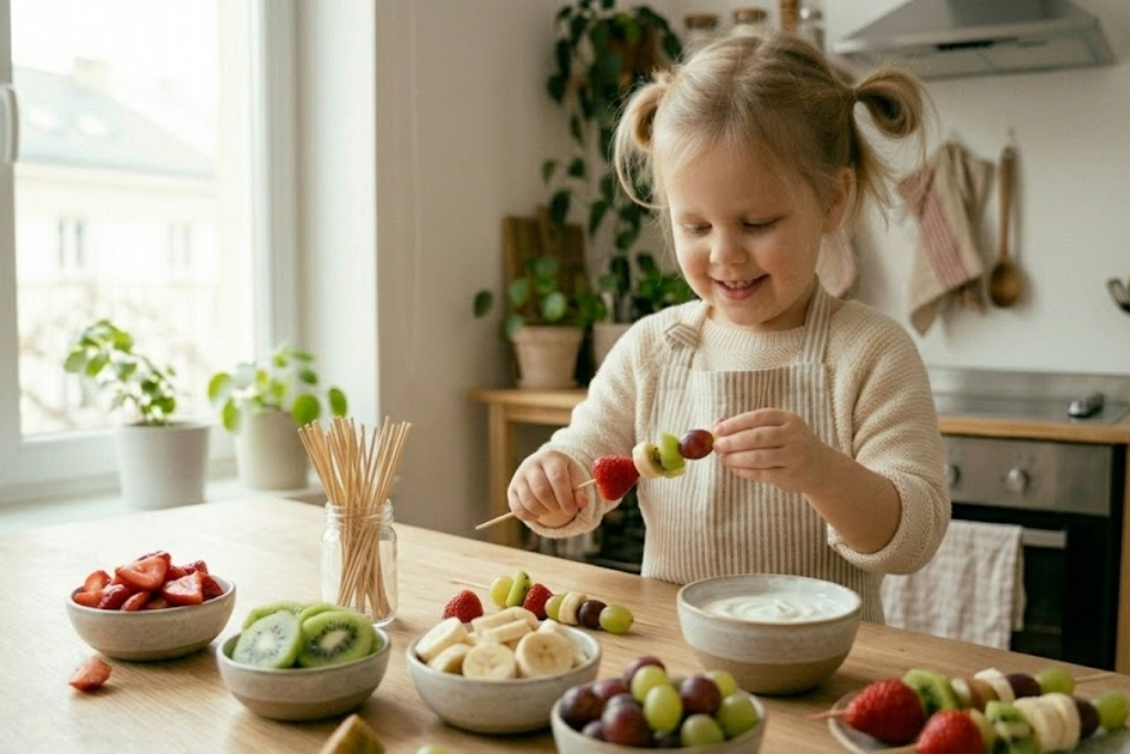 Espetinho de frutas com iogurte